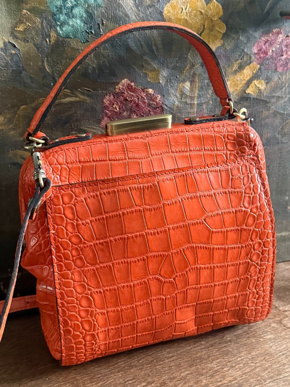 Patricia Nash Orange Croc Embossed Leather Frame Satchel Doctor Bag P735311
